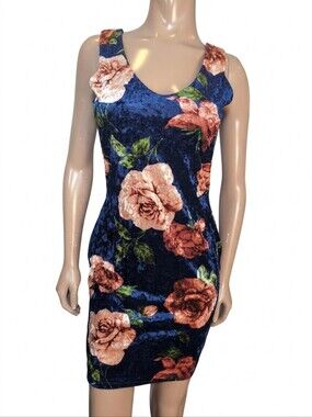 Dresscode LA Velvet Floral Bodycon Mini Dress Blue Pink Rose V-Neck Sleeveless